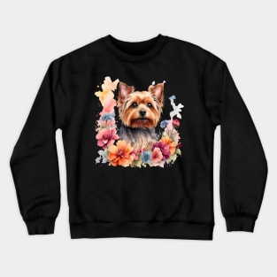 A yorkshire terrier decorated with beautiful watercolor flowers Crewneck Sweatshirt